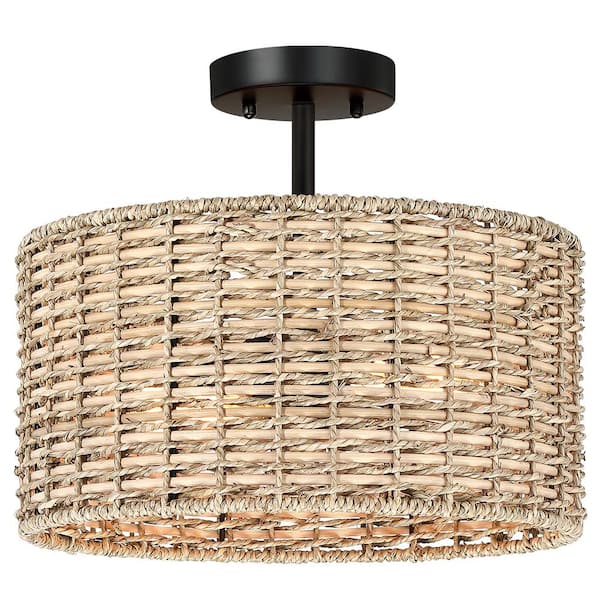Seymour 13.6 in. 2-Light Black Canopy Rattan Drum Semi-Flush Mount Ceiling Light with Black Canopy