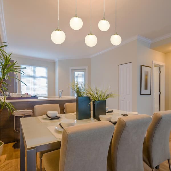 Swane Modern 31.5 in. 5-Light Integrated LED Brass Linear Chandelier Lighting, Globe Frosted Glass Pendant Light Fixture