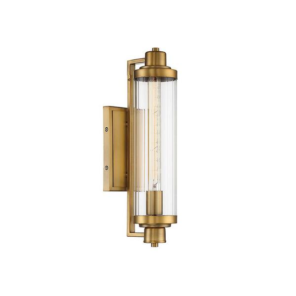 Pike 4.5 in. W x 15.25 in. H 1-Light Warm Brass Wall Sconce with Clear Ribbed Glass Shade