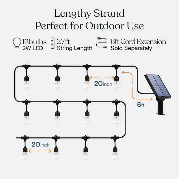 12-Light 27 ft. Outdoor Solar S14 Edison Bulb Ambience Pro LED String Light 3000k
