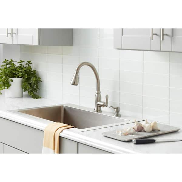 Pavilion Single-Handle Pull-Down Sprayer Kitchen Faucet with Soap Dispenser in Stainless Steel
