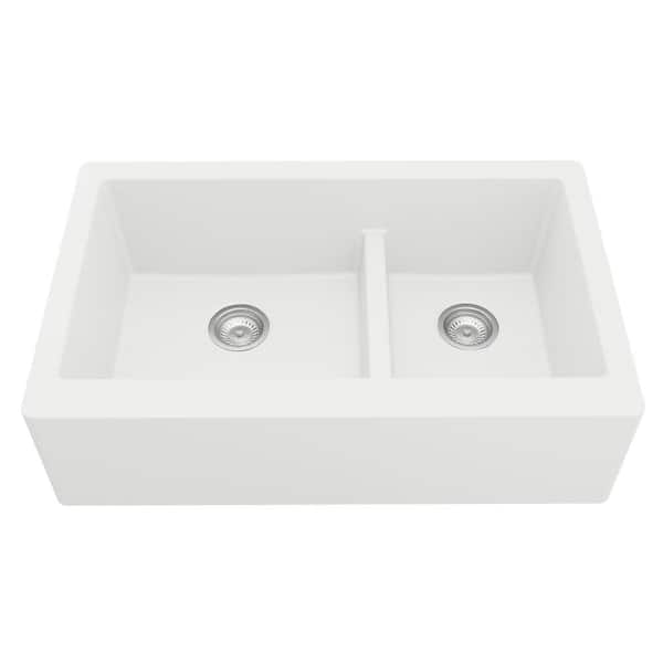 QA-760 Quartz/Granite 34 in. Double Bowl 60/40 Farmhouse/Apron Front Kitchen Sink in White with Grid and Strainer