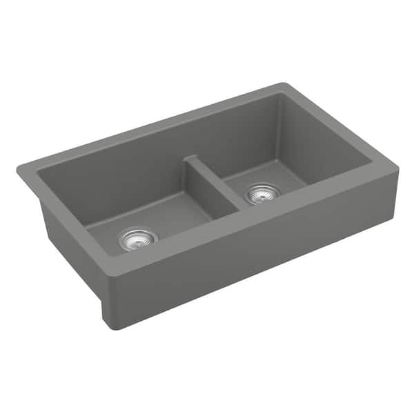 QAR-760 Quartz/Granite 34 in. Double Bowl 60/40 Retrofit Farmhouse/Apron Front Kitchen Sink in Grey w/ Grid and Strainer
