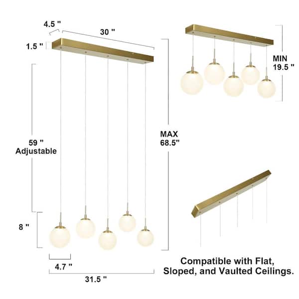 Swane Modern 31.5 in. 5-Light Integrated LED Brass Linear Chandelier Lighting, Globe Frosted Glass Pendant Light Fixture