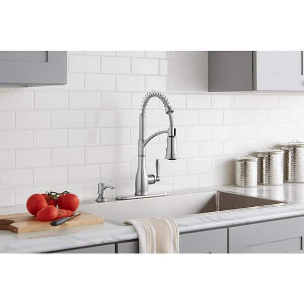 Mandouri Single Handle Spring Neck Pull Down Sprayer Kitchen Faucet with Soap Dispenser in Stainless Steel