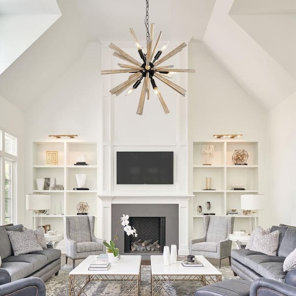 Rustic 9-Light Antique Black Candlestick Hanging Sputnik Chandelier with Natural Wood Bursts