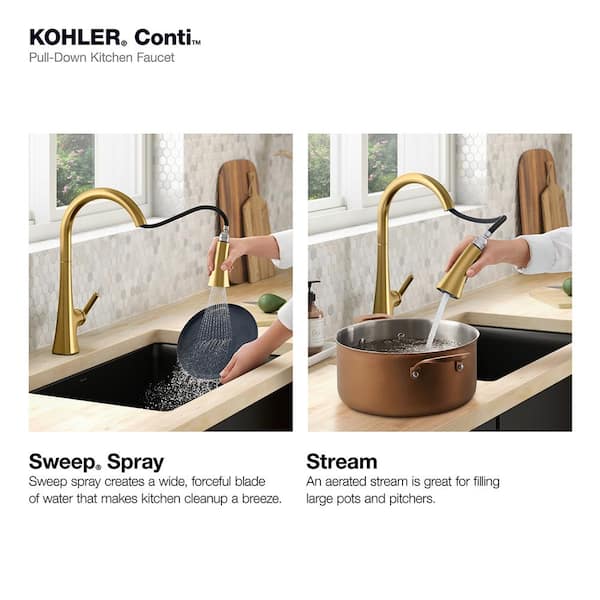 Conti Single Handle Pull Down Sprayer Kitchen Faucet in Vibrant Brushed Moderne Brass