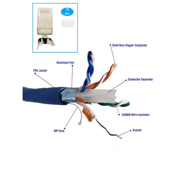 250 ft. CAT 6A Solid and Shielded (F/UTP) Blue Bulk Ethernet Cable with Universal Shielded RJ45 Connectors (10-Pack)