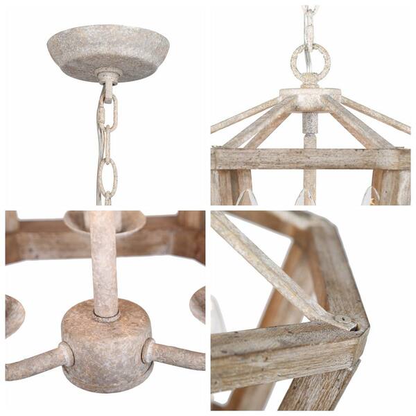 Farmhouse Gray Geometric Wood Lantern Candlestick Chandelier, Coastal 3-Light Drum Island Country Dining Pendant Light