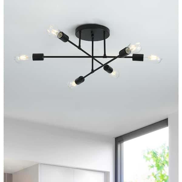 21.6 in. 6-Light Black Sputnik Modern Linear Semi Flush Mount