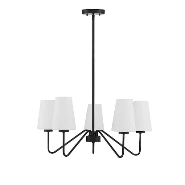 25.75 in. W x 12 in. H 5-Light Matte Black Chandelier with Conical White Glass Shades
