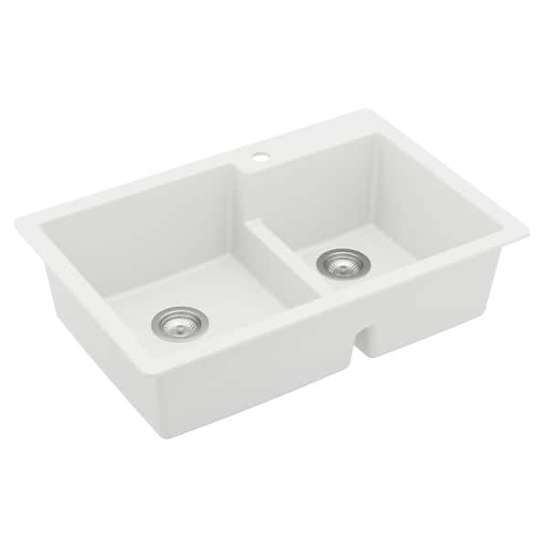 QT-811 Quartz 33 in. 60/40 Double Bowl Drop-In Kitchen Sink in White