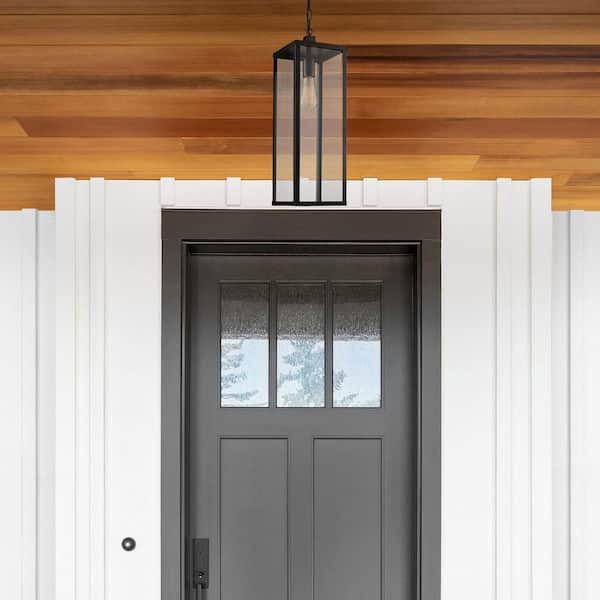 Oxford 20.25 in. 1-Light Black Hanging Outdoor Pendant Light Fixture with Clear Glass