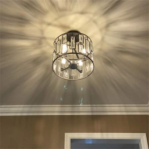 13.5 in. 4-Light Black Semi Flush Mount with Clear Crystals