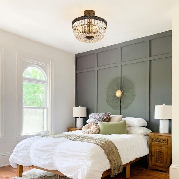 14 in. 3-Light Brushed Black Semi Flush Mount Crystal Chandelier Ceiling Light Fixture, No Bulbs Included