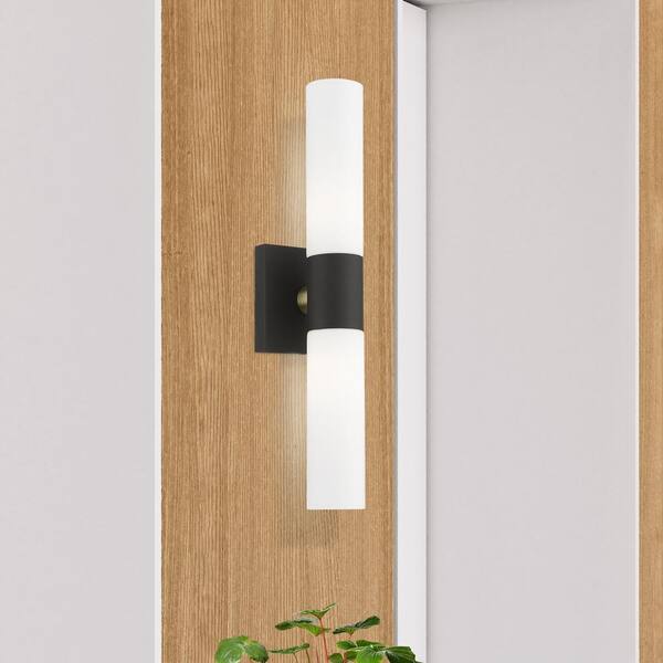 Aspen 2 Light Textured Black ADA Wall Sconce with Hand Blown Satin Opal White Twist Lock Glass
