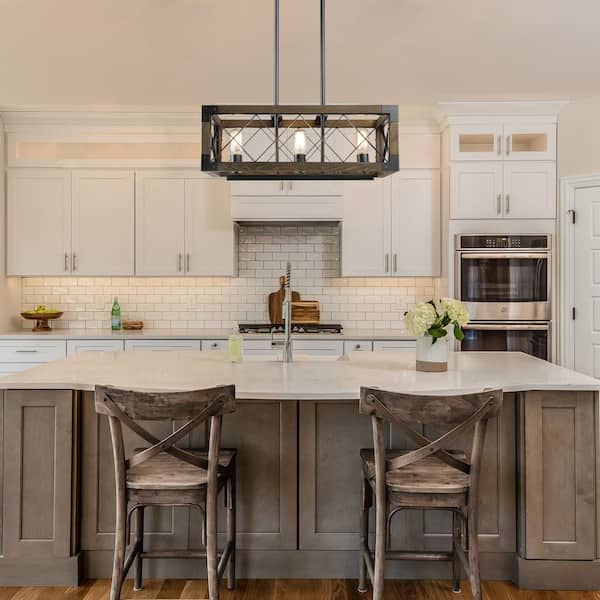 Farmhouse Wood Chandelier, Black Kitchen Island Pendant, 3-Light Rustic Rectangular Cage Hanging Light for Dining Table