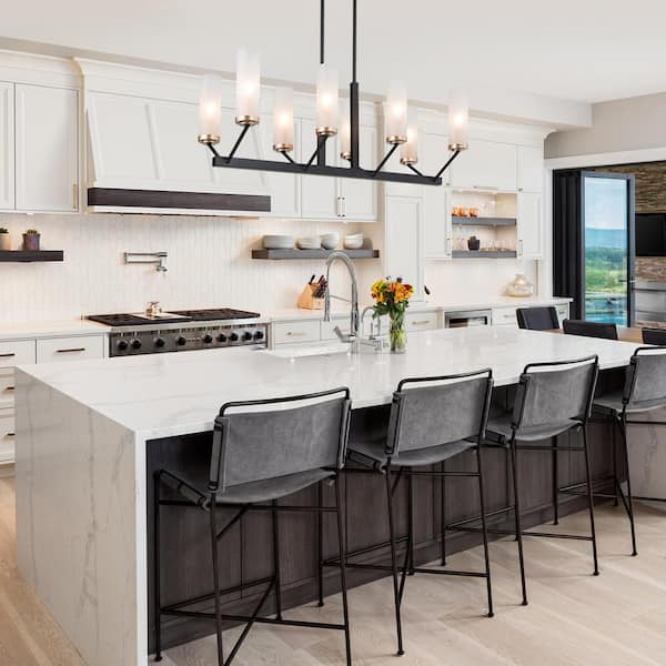 Black Chandelier Modern Industrial Linear 8-Light Kitchen Island Pendant Light with Frosted Glass Shades