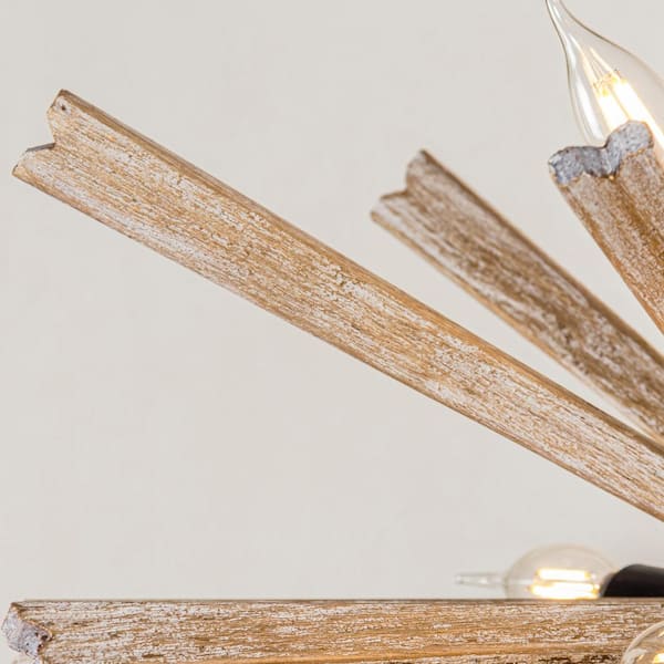 Rustic 9-Light Antique Black Candlestick Hanging Sputnik Chandelier with Natural Wood Bursts