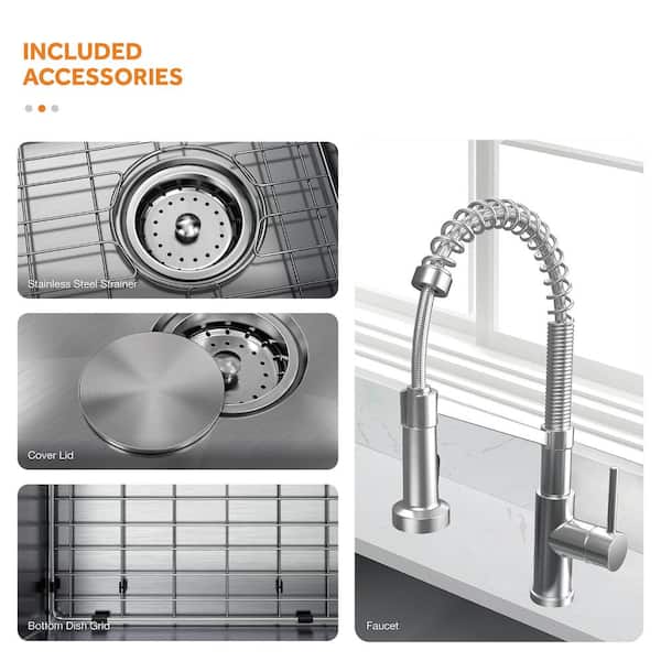 Professional 30 in All-in-One Farmhouse/Apron-Front 16G Stainless Steel Single Bowl Kitchen Sink with Spring Neck Faucet