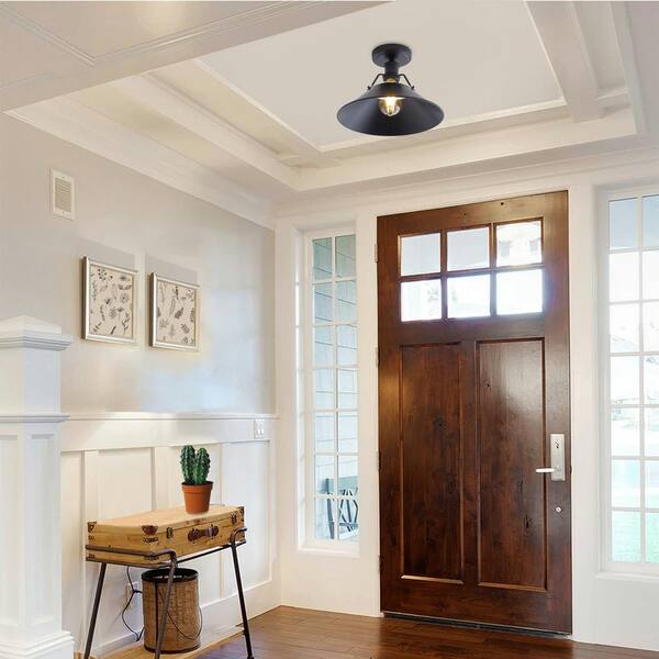 12 in. 1-Light Farmhouse Black Semi-Flush Mount Light Industrial Close to Ceiling Lighting