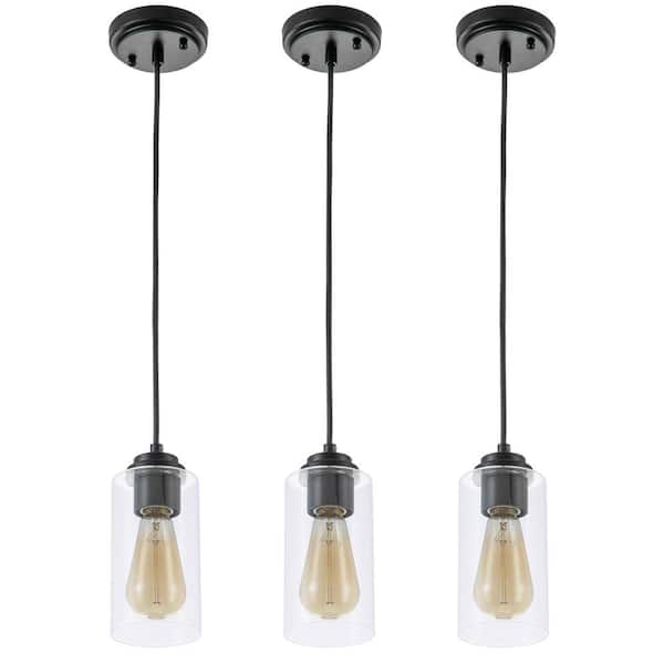 1-Light Black Island Pendant Light with Cylinder Clear Glass(3-Pack)