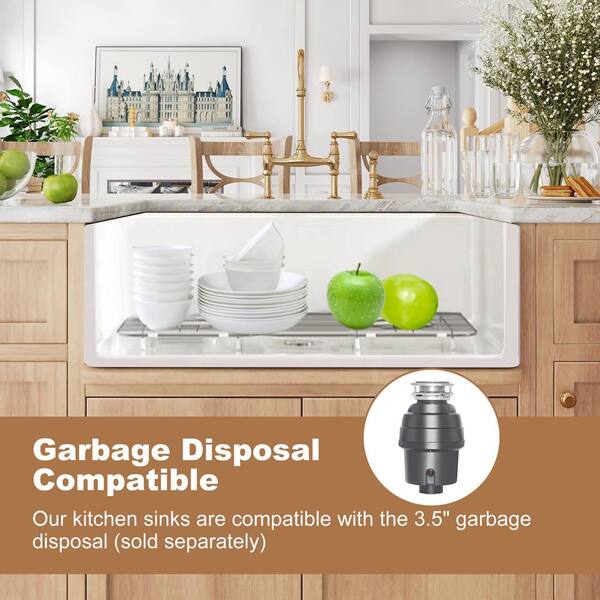 White Fireclay 30 in. x 20 in. Single Bowl Farmhouse Apron Front Kitchen Sink with Bottom Grid and Strainer