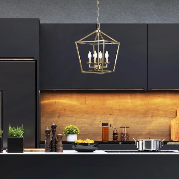 Weyburn 4-Light Gold Farmhouse Chandelier Light Fixture with Caged Metal Shade