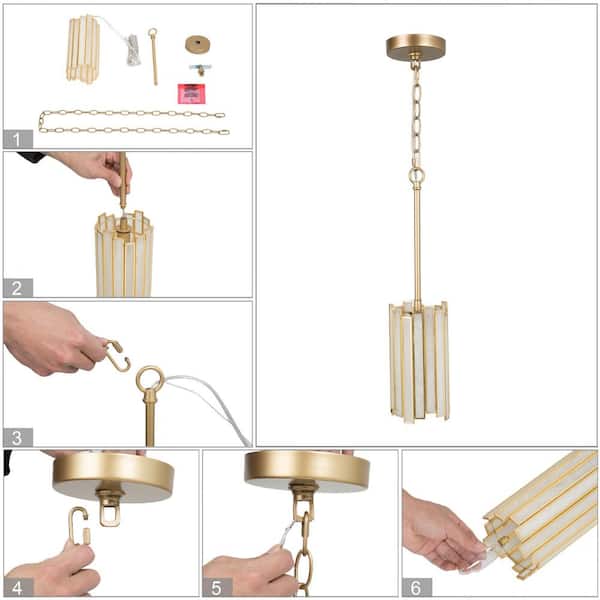 Modern Gold 1-Light Drum Pendant Light with Stained Glass Shade Cylinder Geometric Island Foyer Hanging Light