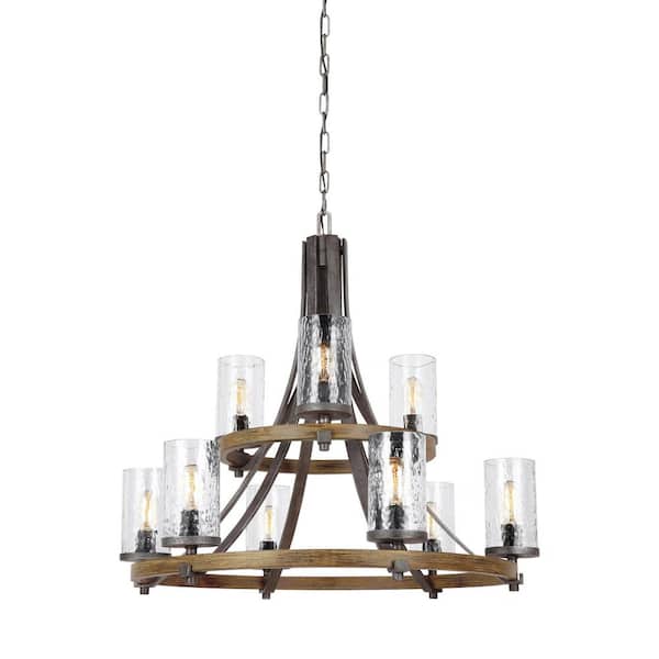 Angelo 9-Light Distressed Weathered Oak / Slate Grey Metal Rustic Farmhouse Wagon Wheel Chandelier with Clear Wavy Glass