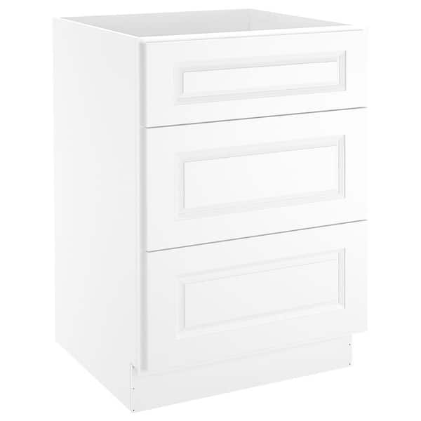 24 in. Wx24 in. Dx34.5 in. H in Raised Panel White Plywood Ready to Assemble Drawer Base Kitchen Cabinet with 3 Drawers