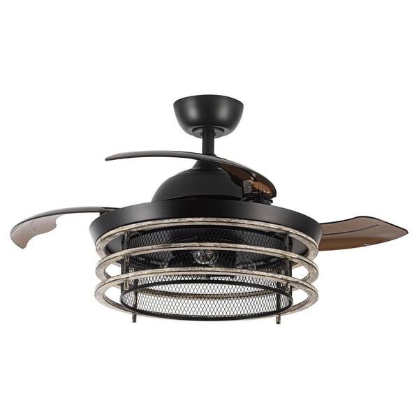 42 in. Industrial Retractable 3-Blade Matte Black Ceiling Fan with Remote Control and Light Kit
