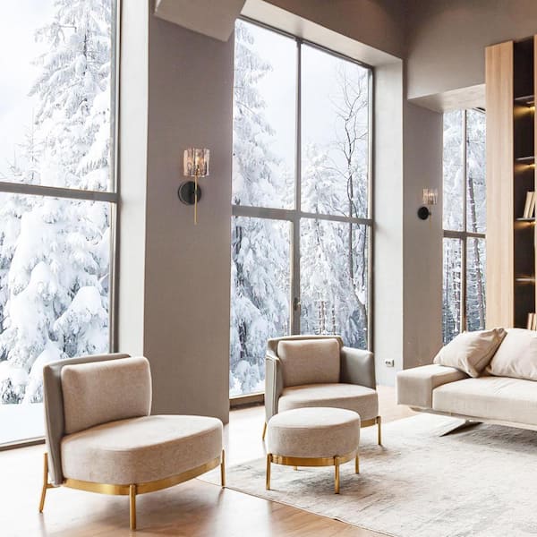 Echonalyri Modern 1-Light Glam Matte Black and Plating Brass Wall Sconce with Geometric Textured Glass Shade