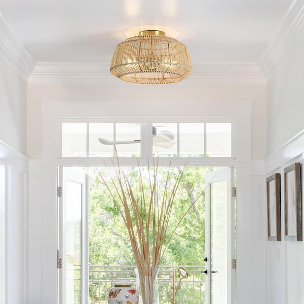 Rhett 14 in. 2-Light Brass Bohemian Rattan Semi-Flush Mount Ceiling Light