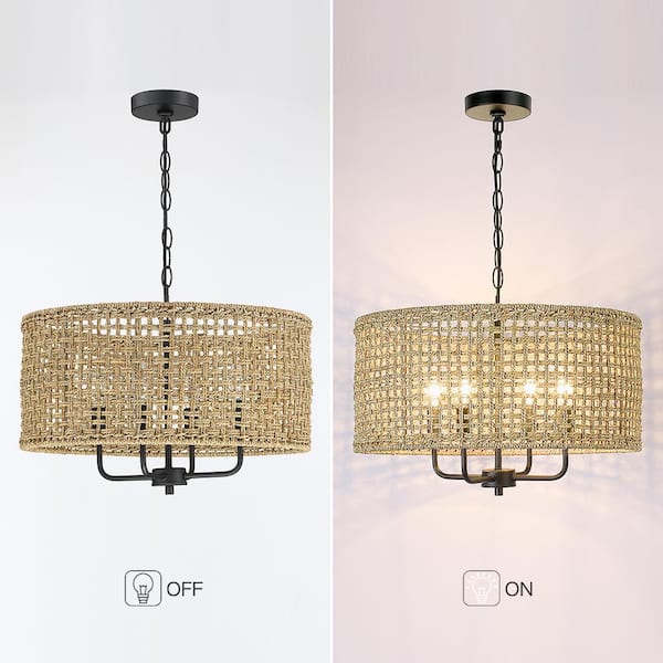 Cape 20 in. 4-Light Bohemian Drum Chandelier with Lime Hand Woven Shade