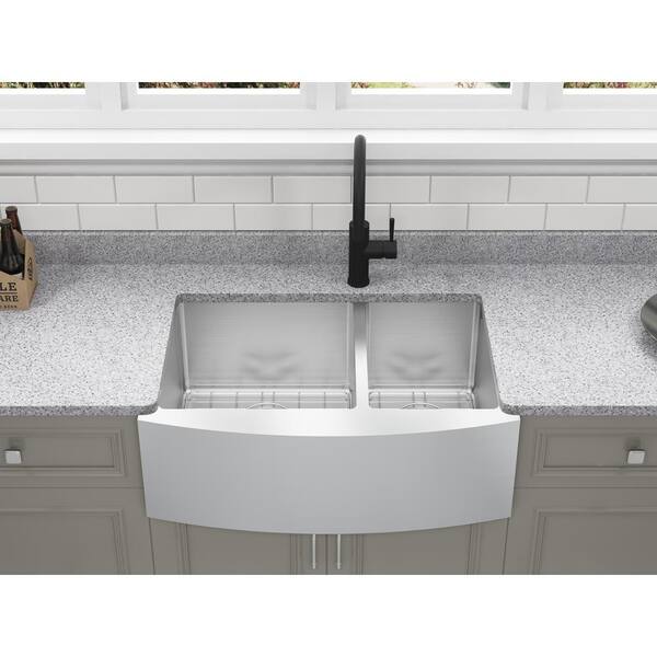 Parketon Undermount Stainless Steel 30 in. 60/40 Double Bowl Curved Farmhouse Apron Front Kitchen Sink