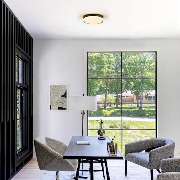 Geren 8.8 in. 23.5-Watt Modern Round Matte Black Integrated LED Flush Mount Light with Frosted Clear Glass Shade