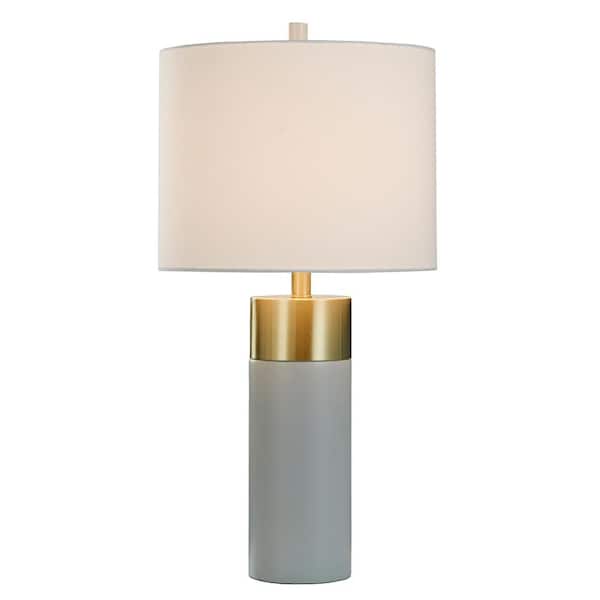 27.75 in. Soft Brass/Natural Concrete Table Lamp with Brussels White Hardback Fabric Shade