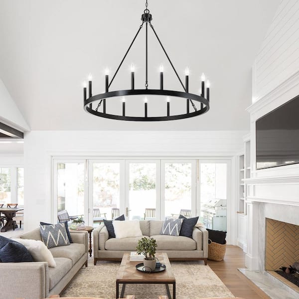 Williston 40 in. 15-Light Black Candle Style Wagon Wheel Chandelier