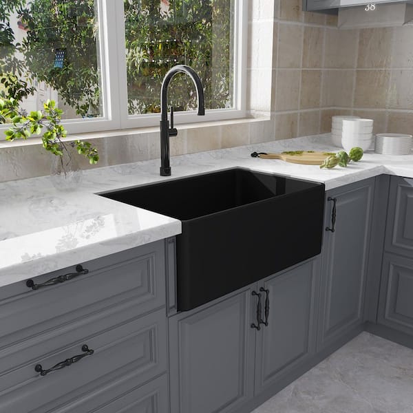Fireclay 30 in. L x 18 in. W Black Single Bowl Farmhouse Apron Kitchen Sink with Grid and Strainer