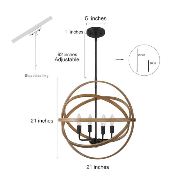 Farmhouse Chandelier 4-Light Globe Cage Classic Black Candlestick Island Pendant Chandelier with Faux Wood Accent