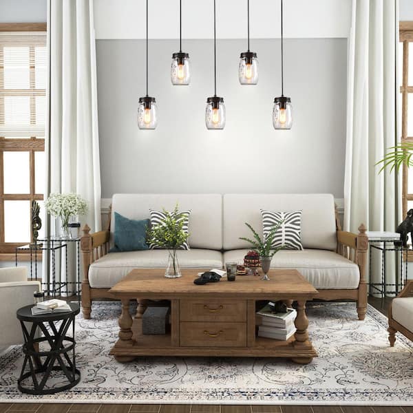Modern Farmhouse Wood DIY Island Chandelier 5-Light Industrial Dark Brown Linear Pendant Light with Mason Jar Shade