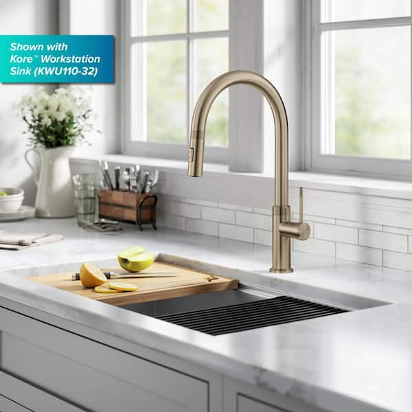 Oletto Modern Industrial Pull-Down Single Handle Kitchen Faucet in Brushed Gold