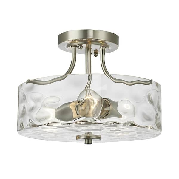 Lumin 13.4 in. 2-Light Brushed Nickel Semi-Flush Mount with Water Glass Shade