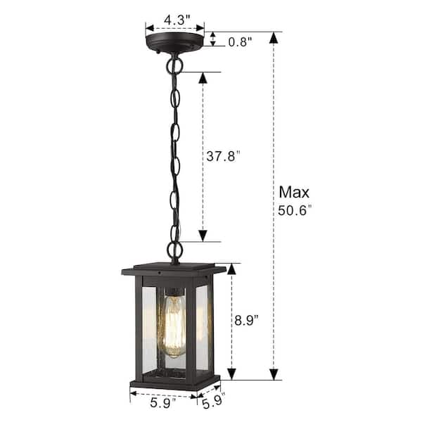 8.9 In.1-Light Exterior Black Not Solar Outdoor Pendant Light with Seeded Glass for Porch