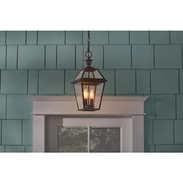 Glenneyre 8-5/8 in. W 2-Light Oil-Rubbed Bronze French Quarter Gas Style Outdoor Hanging Pendant Light with Clear Glass