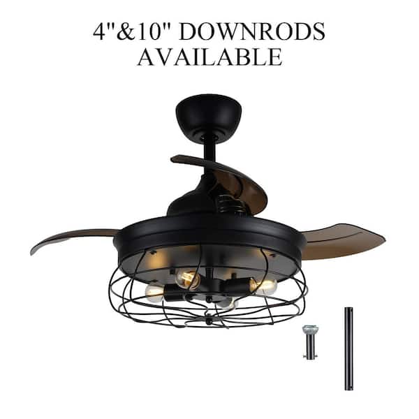 36 in. Downrod Mount Retractable 3-Blade Black Ceiling Fan with Light Kit and Remote Control