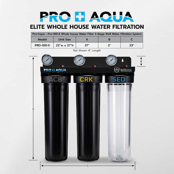 Pro Aqua ELITE Whole House Water Filter 3 Stage Well Water Filtration System with Gauges, PR Button, 1 Ports, Filter Set