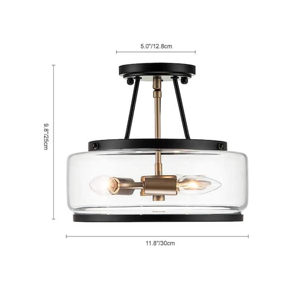Lumin 11.8 in. 3-Light Black and Brass Semi-Flush Mount with Clear Glass Shade