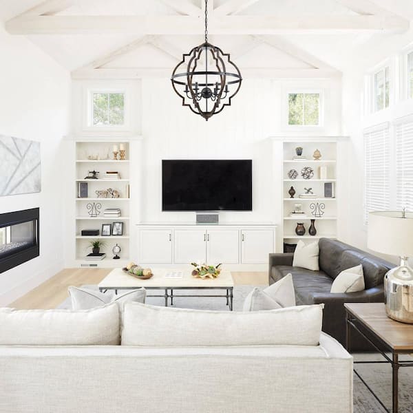 Cambon 6-Light Distressed Black and Brushed Wood Lantern Geometric Chandelier